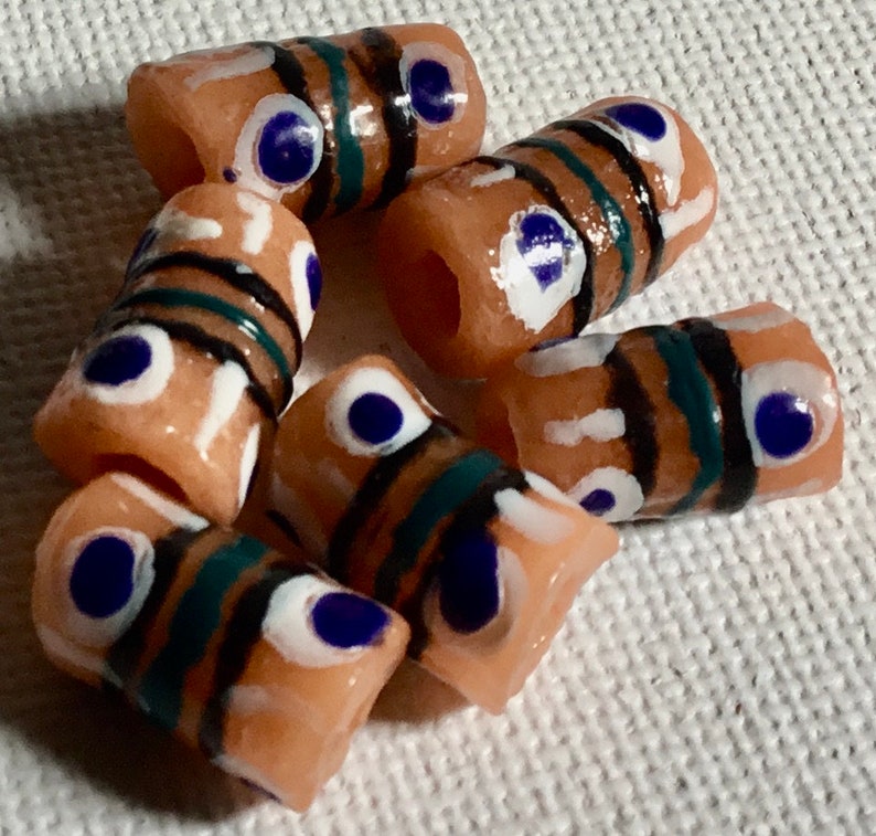 Pale OrangePeach Krobo Tube with White Blue Handpainted Design Recycled Glass Beads from Ghana Size 11-13mm approx Pack of 6 Beads