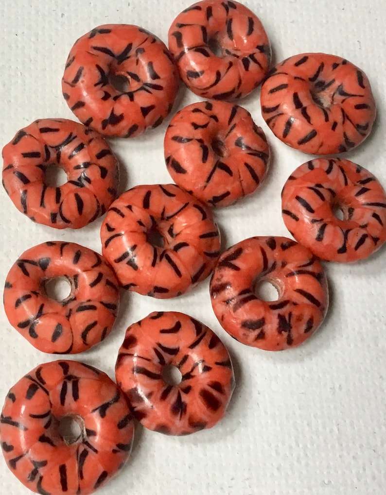 Fair Trade from Ghana Pack of 11 Beads Size 15mm approx Red Recycled Glass Disc Spacer Beads with Black Design