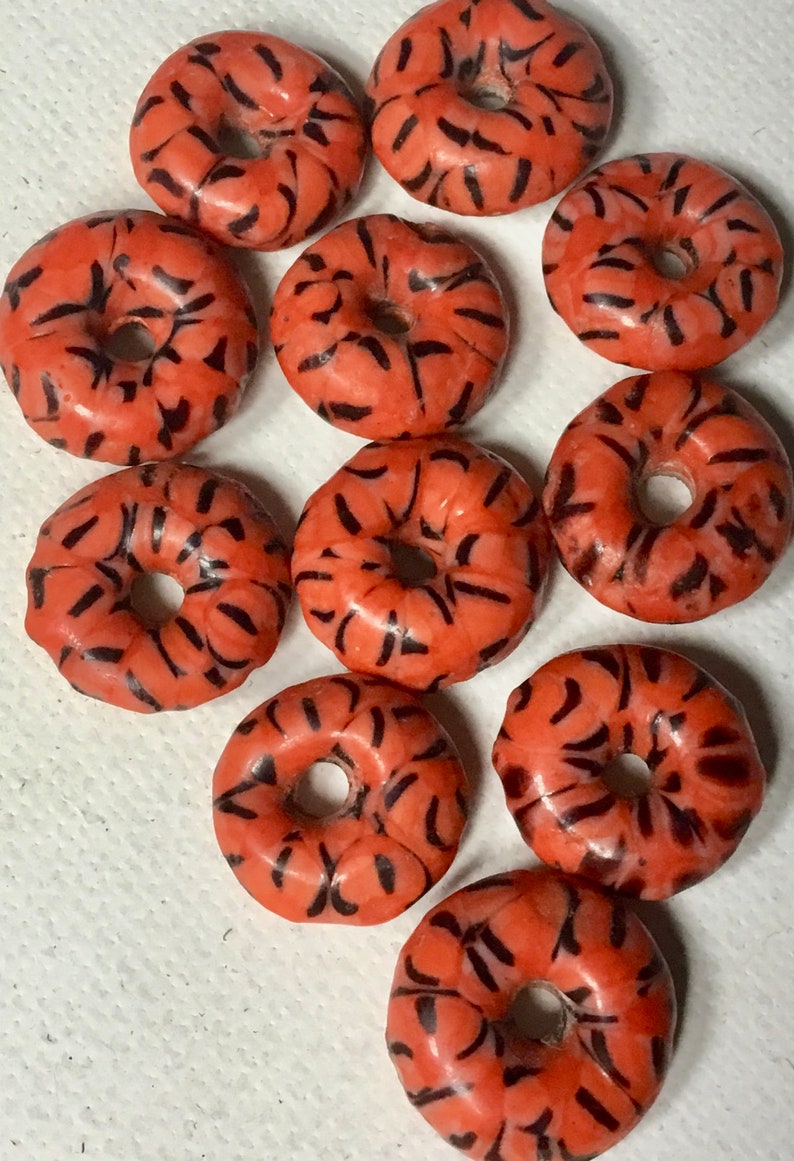 Fair Trade from Ghana Pack of 11 Beads Size 15mm approx Red Recycled Glass Disc Spacer Beads with Black Design
