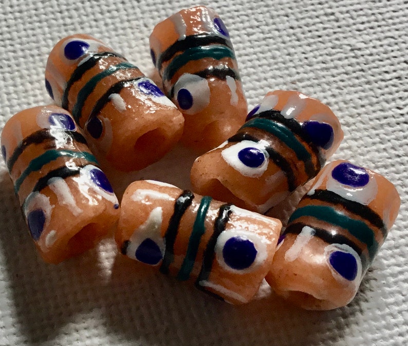 Pale OrangePeach Krobo Tube with White Blue Handpainted Design Recycled Glass Beads from Ghana Size 11-13mm approx Pack of 6 Beads