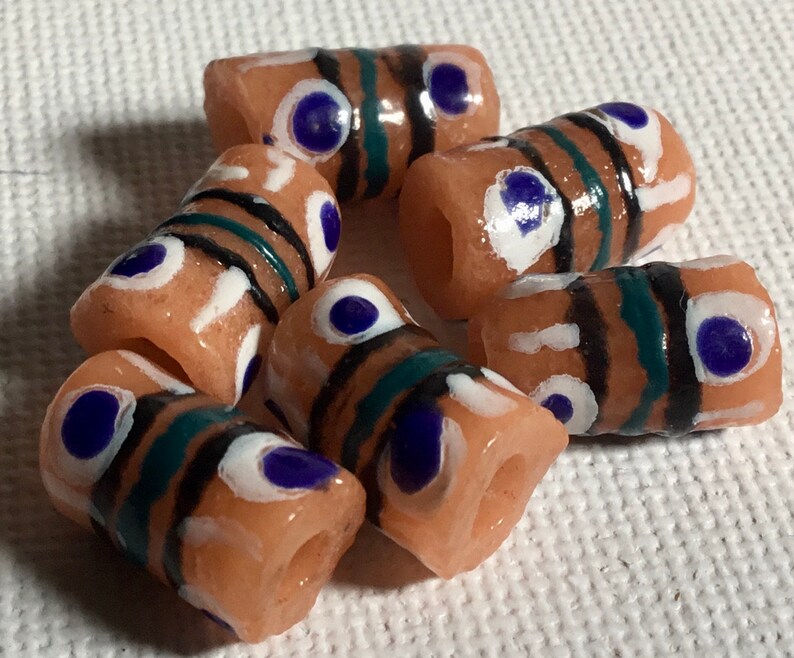 Pale OrangePeach Krobo Tube with White Blue Handpainted Design Recycled Glass Beads from Ghana Size 11-13mm approx Pack of 6 Beads