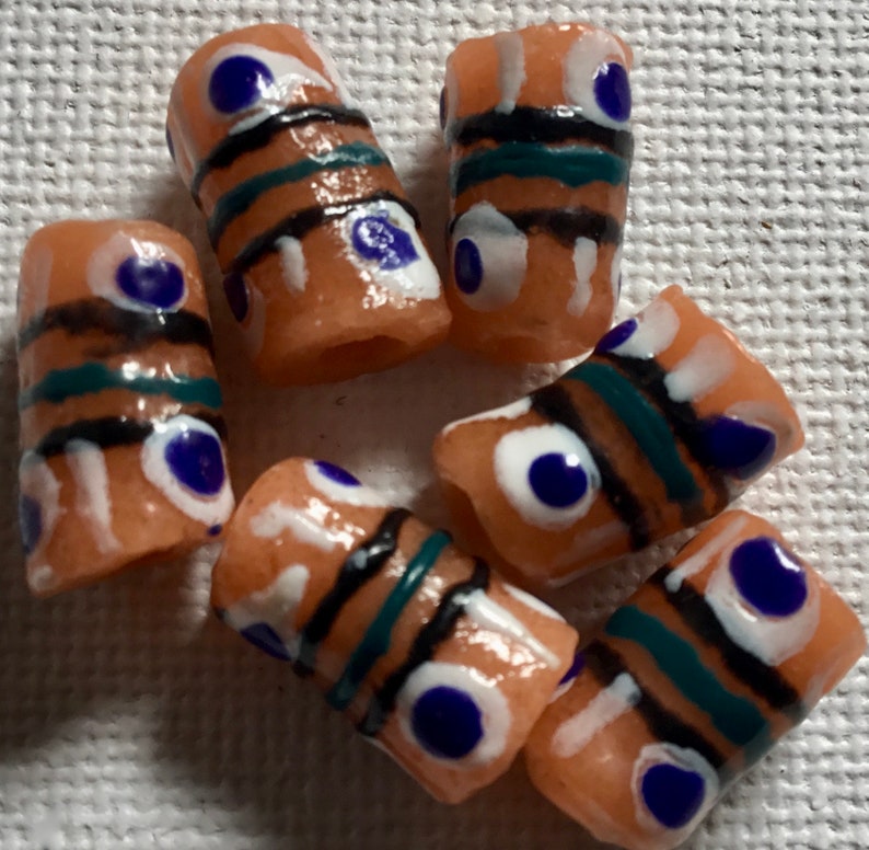 Pale OrangePeach Krobo Tube with White Blue Handpainted Design Recycled Glass Beads from Ghana Size 11-13mm approx Pack of 6 Beads