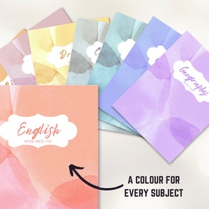 May include: A set of colorful notebooks with watercolor designs. Each notebook has a different subject written on it, including English, Geography, and Chemistry. The text "A color for every subject" is written below the notebooks.