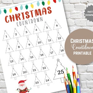 Printable Christmas Countdown | Advent Calendar | Kids Christmas Activity | Holiday Countdown Calendar | Instant Download | Coloring Page