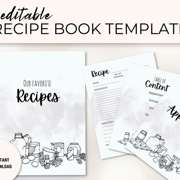 Bewerkbare receptbindersjabloon| Receptbinderkit| Aangepast receptenboek | Afdrukbare receptkaarten| Familiekookboek Canva-sjabloon Instant Download