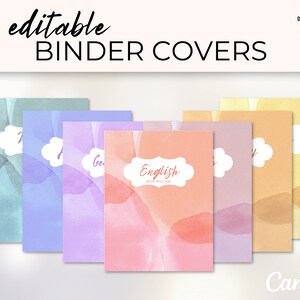 May include: Six editable binder covers with watercolor backgrounds in shades of blue, purple, pink, orange, and yellow. The covers feature a white cloud with text in a black font. The text on the covers includes "Math", "History", "German", "English", "Science", and "Art".
