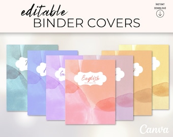 May include: Six editable binder covers with watercolour backgrounds in shades of blue, purple, pink, orange, and yellow. The covers feature a white cloud with text in a black font. The text on the covers includes "Math", "History", "German", "English", "Science", and "Art".