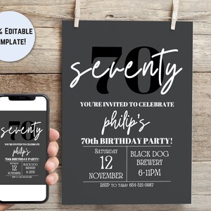 May include: A black and white 70th birthday party invitation with the text "seventy" in a large, bold font. The invitation includes the name "Philip's", the date "Saturday, November 12", the time "6-11PM", and the location "Black Dog Brewery".