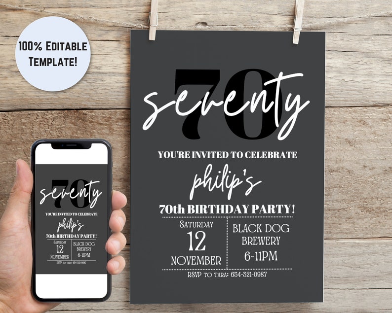 Editable 70th Birthday Party Invitation for Men | Printable Man