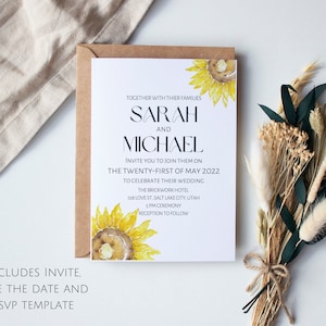 Editable Sunflower Wedding Invitation Set Template| Rustic Wedding | Printable Wedding Invitation Set | Canva Template Instant Download