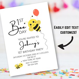 Editable 1st Bee Day Birthday Party Invitation | First Birthday Invite ...