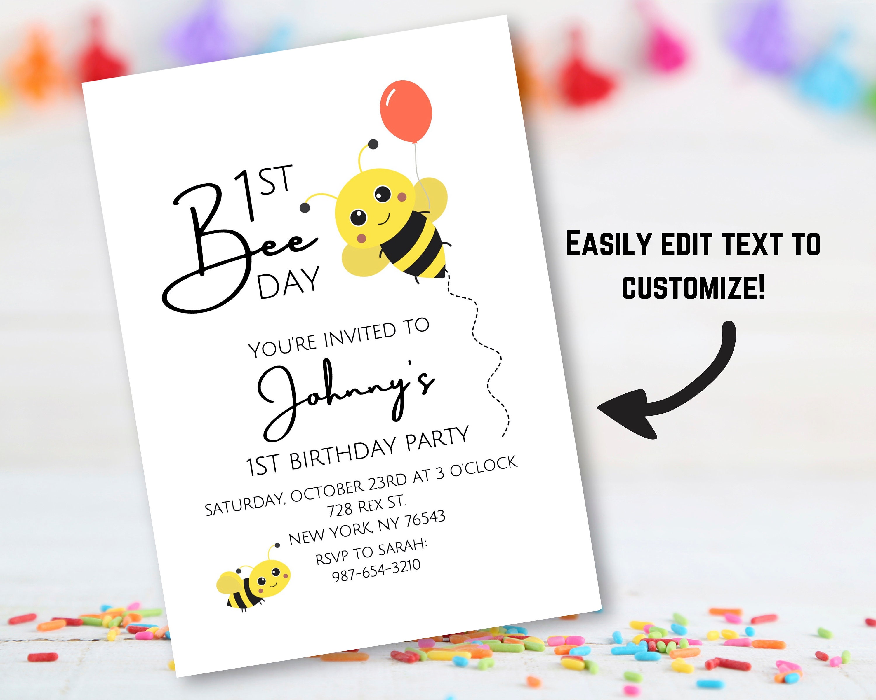 Editable 1st Bee Day Birthday Party Invitation | First Birthday Invite ...