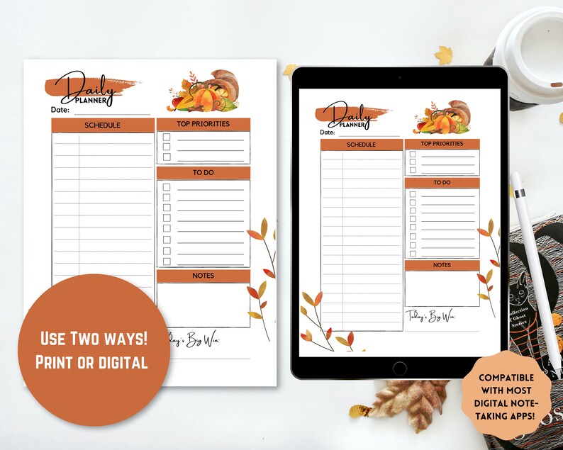 Fall Themed Daily Planner Pages | Undated US Letter, A4, A5 Planner ...