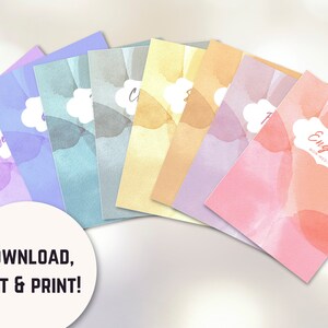 May include: Set of six printable watercolor-style covers for notebooks or journals. The covers feature a variety of pastel colors and a cloud-shaped design with text. The text on the covers includes "English", "Science", "Math", "History", "Geography", and "Art".