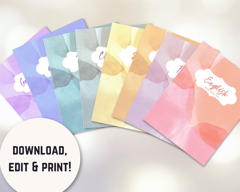 May include: Set of six printable watercolor-style covers for notebooks or journals. The covers feature a variety of pastel colors and a cloud-shaped design with text. The text on the covers includes "English", "Science", "Math", "History", "Geography", and "Art".