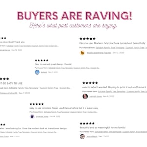 May include: A collage of customer reviews for an editable family tree template. The reviews are all positive and include five stars. The reviews highlight the ease of use, design, and overall satisfaction with the product.