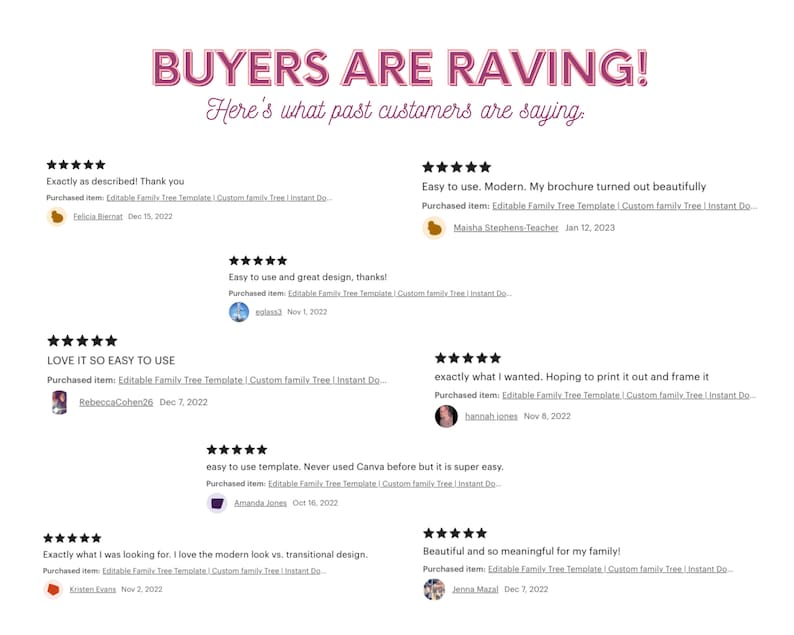 May include: A collage of customer reviews for an editable family tree template. The reviews are all positive and include five stars. The reviews highlight the ease of use, design, and overall satisfaction with the product.