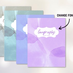 May include: Four different colored printable planner covers with a watercolor background. The cover on the right has a white label with the text "Geography" and "Mon-Tues" in a smaller font.