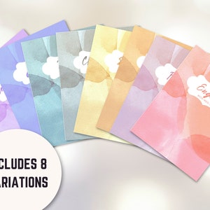 May include: Eight different watercolor designs with a cloud shape and the word "English" in a white cloud shape. The designs are in shades of purple, blue, yellow, orange, and pink.