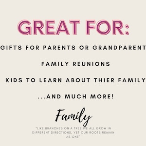 May include: A pink and white text graphic that reads "GREAT FOR:" followed by a list of uses for a family tree: gifts for parents or grandparents, family reunions, kids to learn about their family, and much more. The text "Family" is written in a large, cursive font with a quote below: "Like branches on a tree we all grow in different directions, yet our roots remain as one."