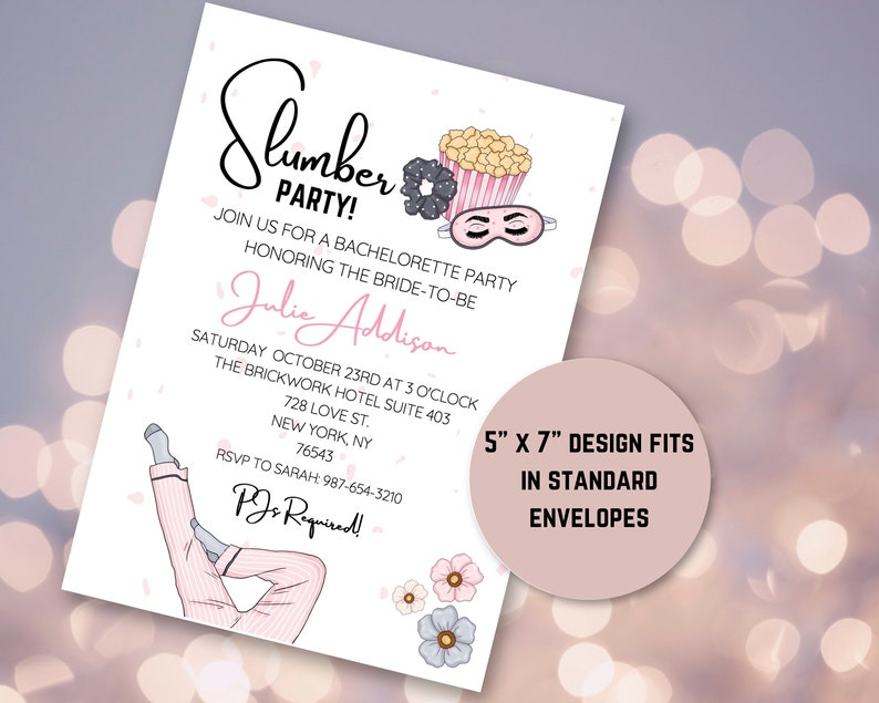 May include: A pink and white slumber party invitation with a cartoon illustration of a woman in pajamas, popcorn, a sleep mask, and a hair scrunchie. The text reads "Slumber Party!" and "Join us for a bachelorette party honoring the bride-to-be Julie Addison". The invitation includes the date, time, and location of the party. It also states "PJs Required!" and "5" x 7" design fits in standard envelopes".
