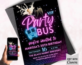 Editable Party Bus Invitation | Party Limo Invite | Custom Canva Template | Instant Download Template