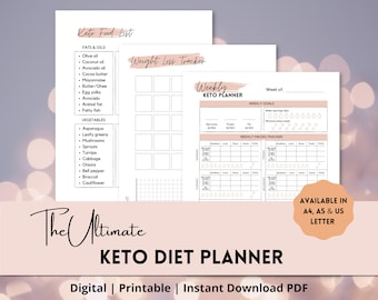 Keto Diet Planner | Digital & Printable | Ketogenic Diet Journal | Keto Macros Tracker | Keto Food List | Weight Loss Tracker|Letter, A4, A5