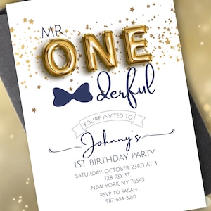 Editable Mr Onederful Birthday Party Invitation | 1st Birthday Invite |Mister Wonderful | Bowtie Birthday Canva Template Instant Download