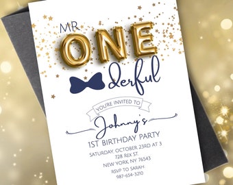 Editable Mr Onederful Birthday Party Invitation | 1st Birthday Invite |Mister Wonderful | Bowtie Birthday Canva Template Instant Download