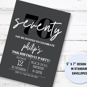 May include: A black and white 70th birthday party invitation with the text "Seventy" and "Philip's 70th Birthday Party!" The invitation includes the date, time, and location of the party. The invitation is 5 inches by 7 inches and fits in a standard envelope.