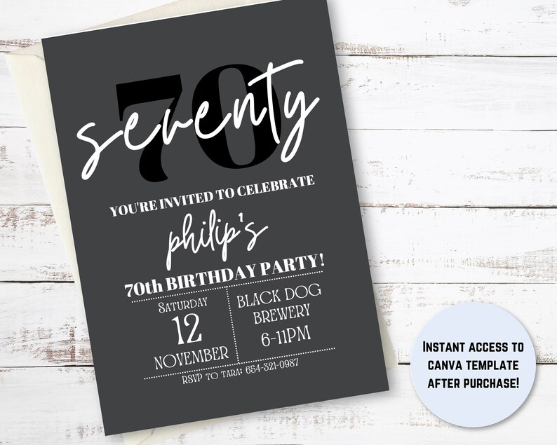 May include: Black and white birthday party invitation with the text "seventy" and "Philip's 70th Birthday Party!" The invitation includes the date, time, and location of the party. RSVP information is also included.