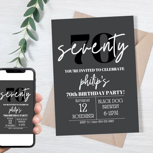 May include: Black and white 70th birthday party invitation with the text "seventy" in large bold font. The invitation includes the date, time, and location of the party. The text "RSVP to Tara: 654-321-0987" is at the bottom of the invitation.