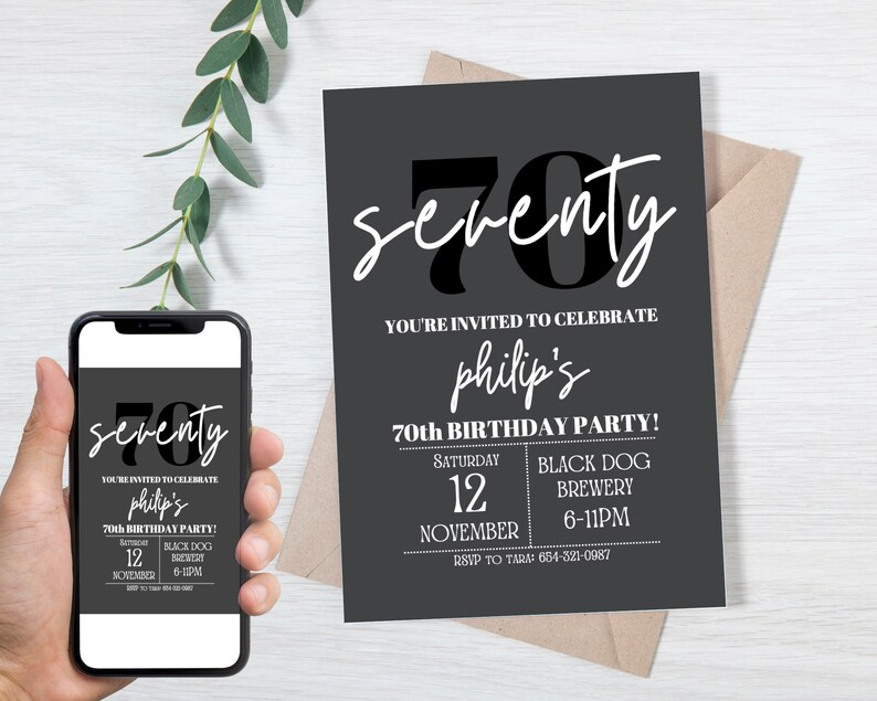 May include: Black and white 70th birthday party invitation with the text "seventy" in large bold font. The invitation includes the date, time, and location of the party. The text "RSVP to Tara: 654-321-0987" is at the bottom of the invitation.