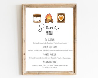 Panneau de menu modifiable S'mores | Gare de Smores | Enseigne de bar S'mores | Enseigne de menu mariage Smores | Plaque de fête pour feu de joie | Kit de fête Smores | Imprimable