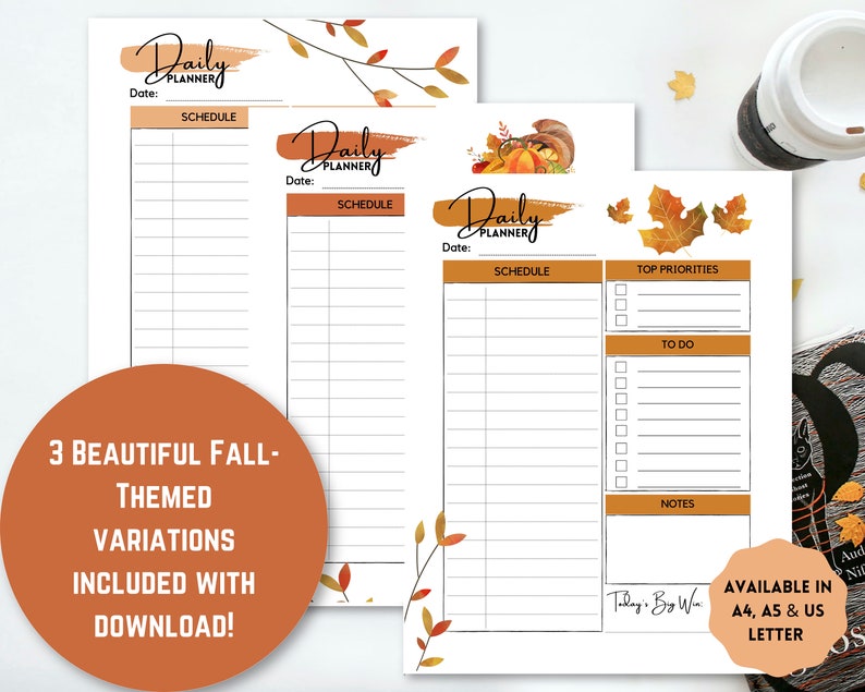 Fall Themed Daily Planner Pages | Undated US Letter, A4, A5 Planner ...