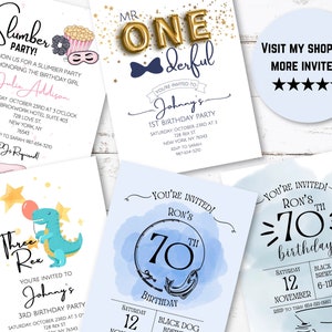 May include: A set of printable birthday party invitations with a blue, white, and gold color scheme. The invitations feature a variety of themes, including a dinosaur, a fishing scene, and a slumber party. The text on the invitations includes the names "Johnny", "Ron", and "Julie Addison".