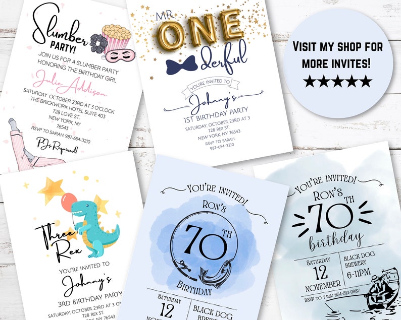 May include: A set of printable birthday party invitations with a blue, white, and gold color scheme. The invitations feature a variety of themes, including a dinosaur, a fishing scene, and a slumber party. The text on the invitations includes the names "Johnny", "Ron", and "Julie Addison".