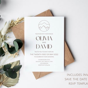 Editable Mountain Wedding Invitation Set Template| Rustic Wedding | Printable Wedding Invitation Set | Canva Template Instant Download