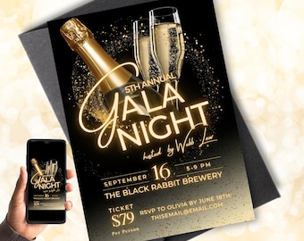 Editable Gala Night Party Invitation | Gala Fundraiser Banquet Invitation | Business Corporate Awards Night Invite | Custom Canva Template