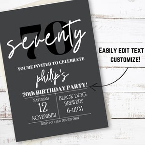 May include: Black and white 70th birthday party invitation with the text "seventy" and "Philip's 70th Birthday Party!" The invitation includes the date, time, and location of the party. RSVP information is also included.