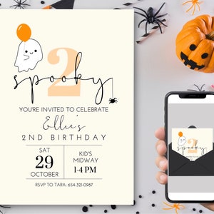 Modello modificabile di invito per una festa di compleanno di Halloween con due spettrali / Invito elettronico digitale stampabile / Modello di invito per la festa del 2° compleanno