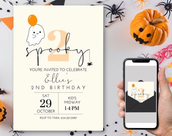 May include: A Halloween-themed birthday invitation with a cute ghost holding a balloon and the number 2 in orange. The text reads "Spooky 2, You're invited to celebrate Elle's 2nd Birthday, Sat 29 October, Kid's Midway 1-4 PM, RSVP to Tara: 654-321-0987".