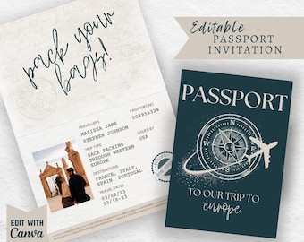 Editable Passport Invitation Template | Custom Passport Template Wedding Invitation | Instant Download | Gifts for Boyfriend | Travel Invite