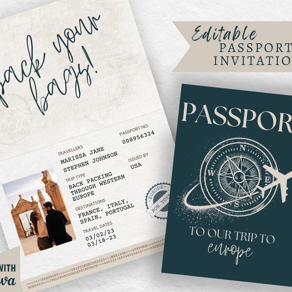 Editable Passport Invitation Template | Custom Passport Template Wedding Invitation | Instant Download | Gifts for Boyfriend | Travel Invite