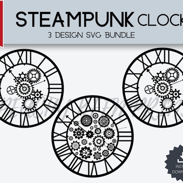 Steampunk Wall Clock Téléchargement instantané SVG | Bundle de fichiers SVG | Cricut Silhouette | Horloge avec chiffres romains | Cadran d’horloge SVG Bundle