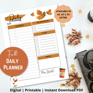 Fall Themed Daily Planner Pages | Undated US letter, A4, A5 Planner Pages | Digital Planner Template | Goodnotes | Printable PDF Download