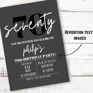 May include: Black and white birthday party invitation with the text "seventy" and "Philip's 70th Birthday Party!" The invitation includes the date, time, and location of the party.