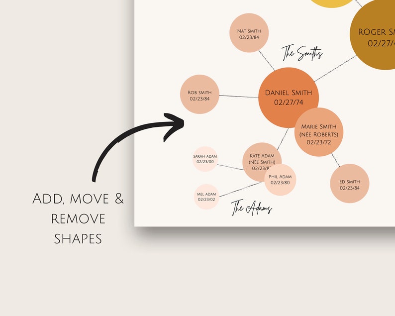 May include: A family tree chart with circles representing family members. The circles are connected by lines. The chart is labeled "The Smiths" and "The Adams". Each circle contains a name and a date. The chart is on a white background.