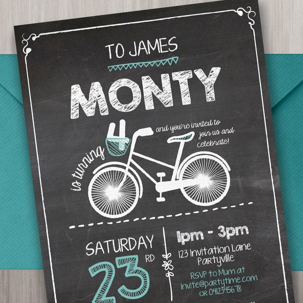 Chalkboard Birthday Invitation - Edit and Print as many copies as you like / Hipster / Bike / Bicycles / Chalk / Blackboard Party Invitation