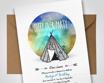 Sleep Over Party Invitation - Edit and Print as many copies as you like / Teepee Invite / Watercolour Invite / Hipster Invite / Sleep Over